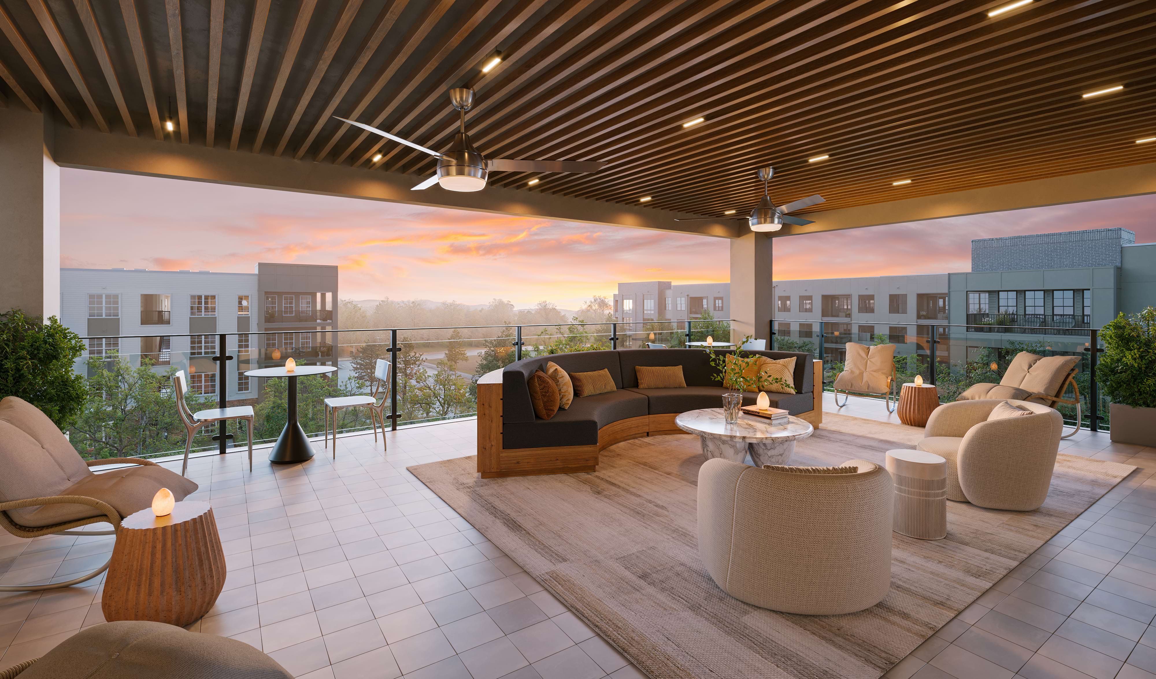 a rooftop sky lounge with ample seating a rooftop sky lounge with ample seating
