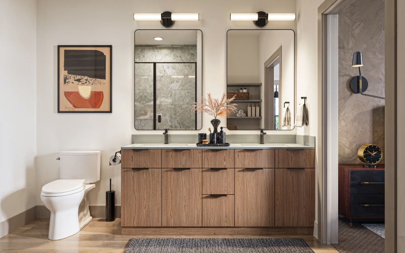 modern luxury apartment bathroom with brown cabinets and two mirrors modern luxury apartment bathroom with brown cabinets and two mirrors